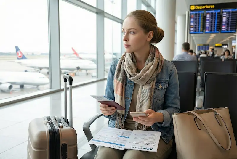 US patient waiting at the airport with passport and suitcase before traveling for a facelift consultation—motivation to travel