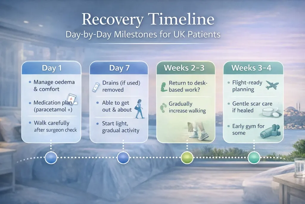 Recovery timeline infographic for UK patients after surgery, outlining day 1, day 7 and weeks 2–4 milestones for comfort, walking, scar care and flight planning within mummy makeover package details.