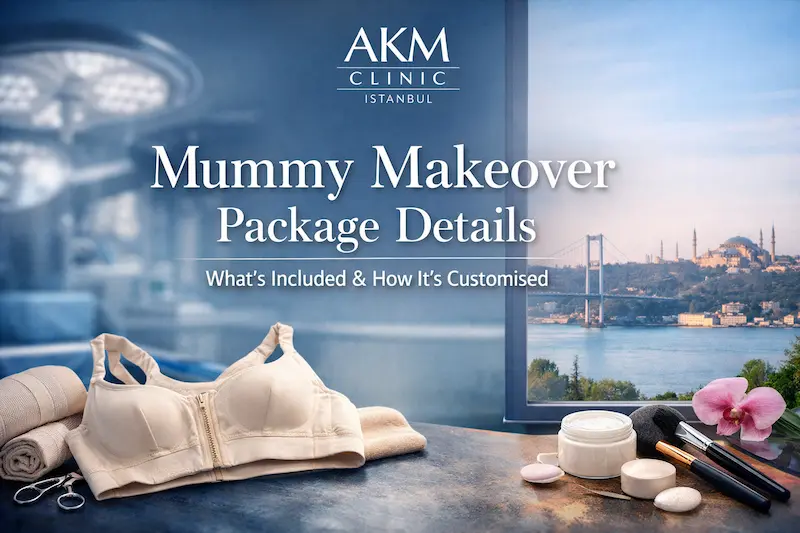 AKM Clinic Istanbul banner showing Mummy Makeover Package Details for UK patients, including what’s included and how it’s customised.
