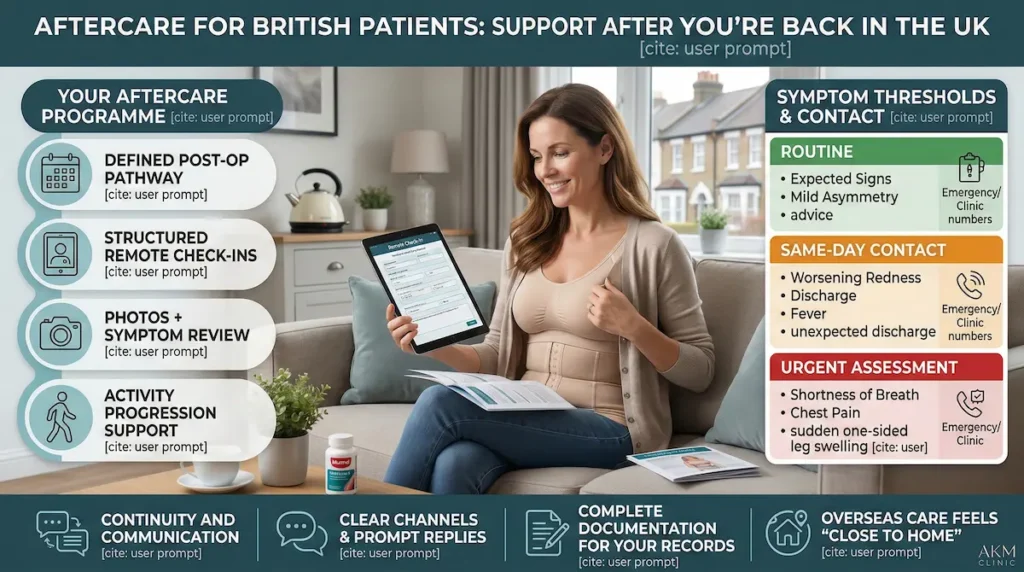 Aftercare infographic for British patients showing remote check-ins, symptom thresholds and contact guidance as part of mummy makeover package details once you’re back in the UK.