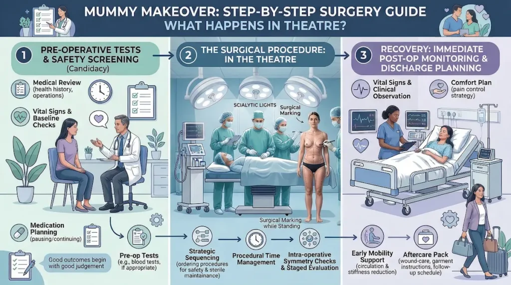 Mummy Makeover step-by-step infographic showing pre-operative screening, theatre procedure sequencing, and post-op monitoring and discharge planning.