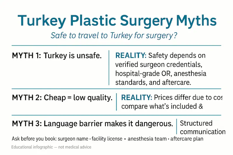Myths about Turkish plastic surgery infographic explaining Turkey plastic surgery myths (safety, cost, language barrier) and how to verify surgeon credentials, hospital-grade OR, and aftercare.