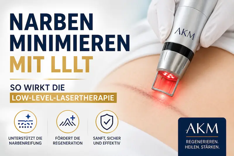 Narben minimieren LLLT Laser: Medizinisches 650-nm-Licht wird auf eine heilende Operationsnarbe angewendet.