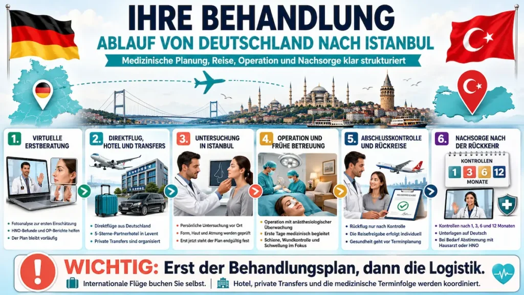 Nasen-OP Türkei: Infografik zum Ablauf von Deutschland nach Istanbul mit Beratung, Reise, Operation, Rückflug und Nachsorge.