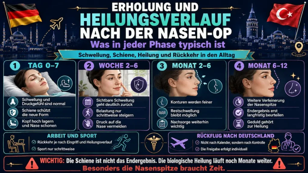 Nasen-OP Türkei: Infografik zum Heilungsverlauf von Tag 0 bis Monat 12 mit Schwellung, Schiene, Nachsorge, Sport und Rückflug.
