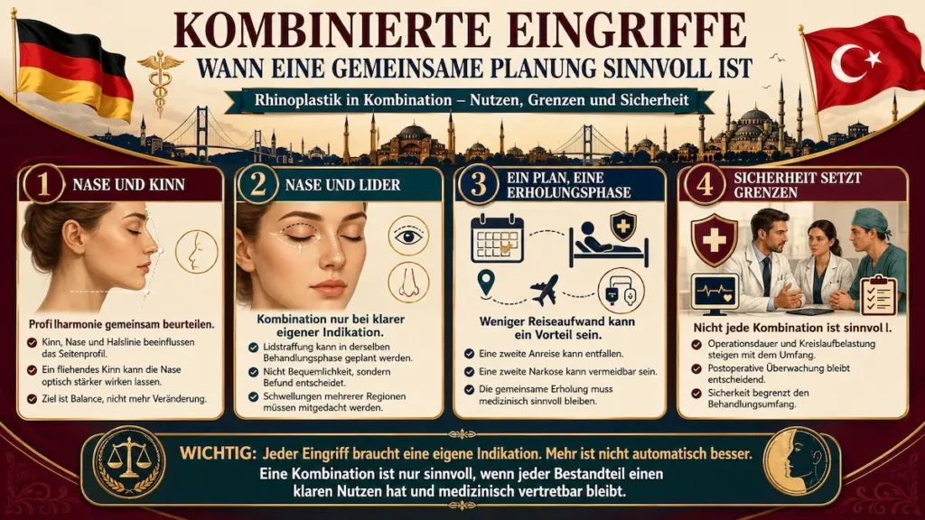 Nasen-OP Türkei: Infografik zu kombinierten Eingriffen mit Kinnkorrektur, Lidstraffung, gemeinsamer Erholung und Sicherheitsgrenzen.