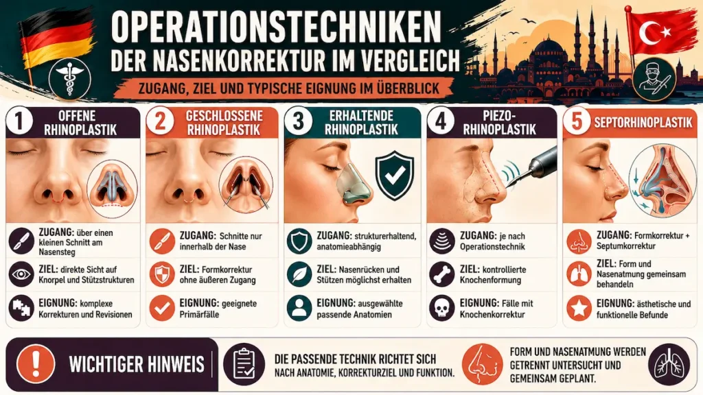Nasen-OP Türkei: Infografik zum Vergleich von offener, geschlossener, erhaltender und Piezo-Rhinoplastik sowie Septorhinoplastik.