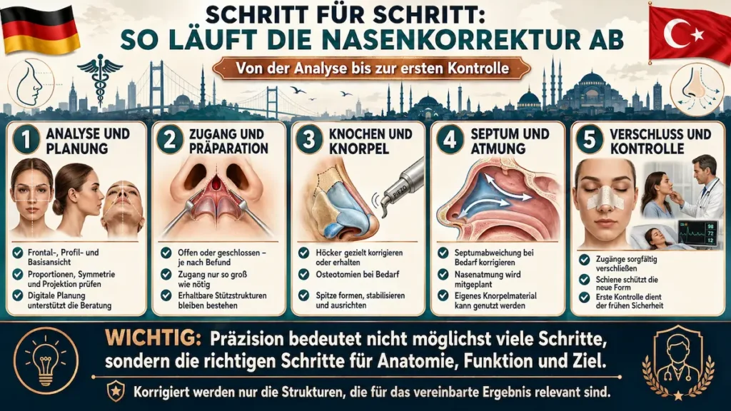 Nasen-OP Türkei: Infografik zum Ablauf der Rhinoplastik von Analyse und Planung über Präparation, Knochen- und Knorpelkorrektur bis zur Kontrolle.