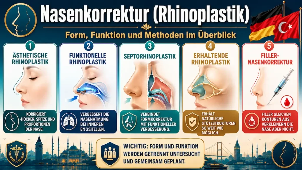 Nasen-OP Türkei: Infografik zu ästhetischer und funktioneller Rhinoplastik, Septorhinoplastik, erhaltender Rhinoplastik und Filler.