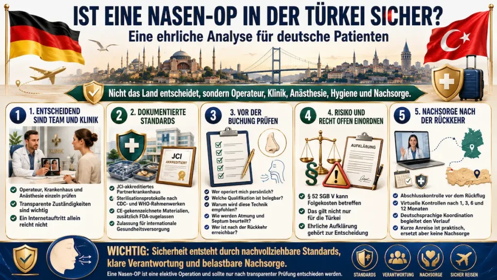 Nasen-OP Türkei: Infografik zu Sicherheit, Klinikstandards, Operateurwahl, § 52 SGB V und Nachsorge für deutsche Patienten.