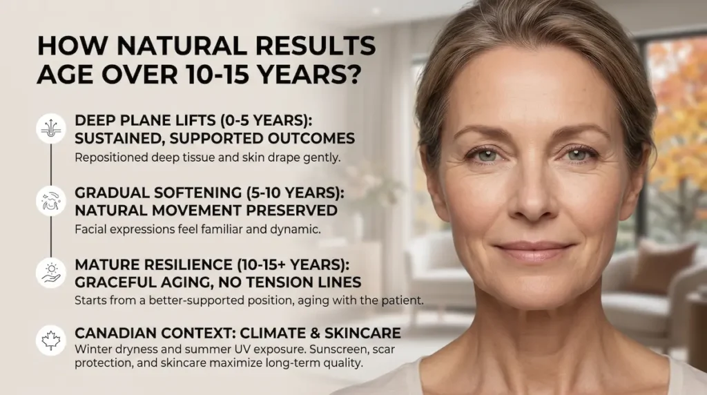 Deep plane facelift natural results ageing timeline showing 0 to 15 years of supported facial rejuvenation.