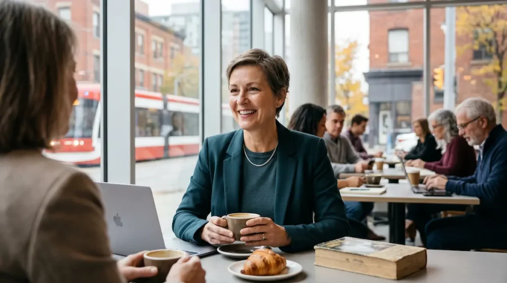 Natural looking facelift Turkey patient case study showing a Canadian woman returning to daily life in a Toronto café after discreet recovery