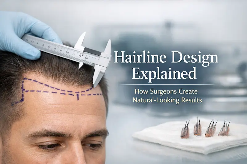 Hairline design mapping with callipers before a hair transplant, showing the marked frontal line and prepared grafts.