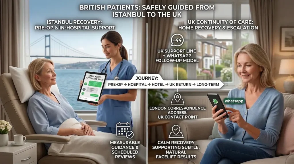 Safety and aftercare visual for British patients, showing UK follow-up, WhatsApp support and a calm pathway to protect Facelift Results.