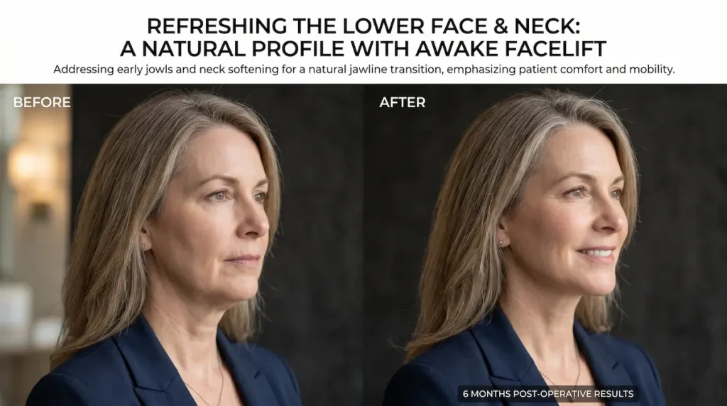 Awake facelift before and after photo showing smoother jowls, improved neck contour and natural lower face profile.