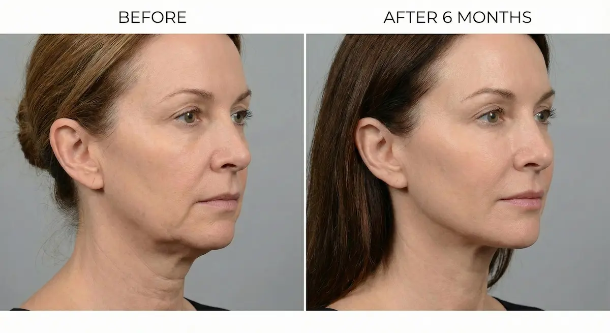 Before and after 6 months neck lift comparison photo showing improved neck contour and jawline definition.