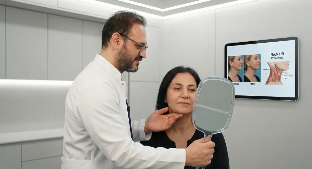 Surgeon assessing a woman’s neck during a neck lift consultation while she holds a mirror and a neck lift diagram appears on a screen.