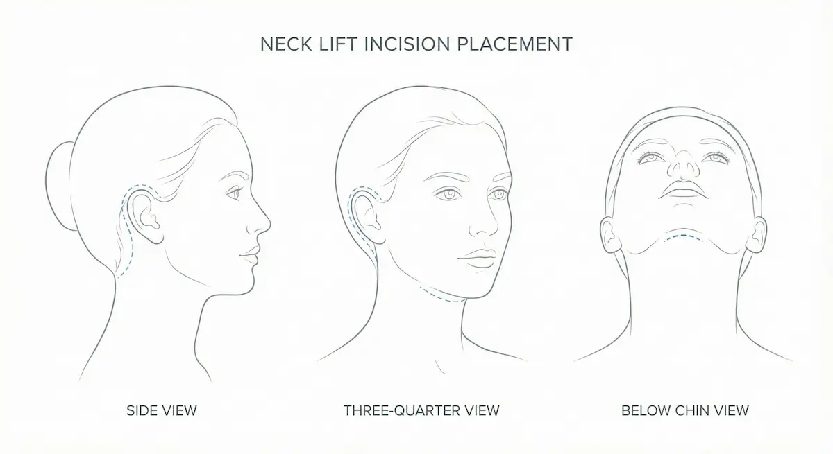 Diagram showing neck lift incision placement behind the ear and under the chin in three views.