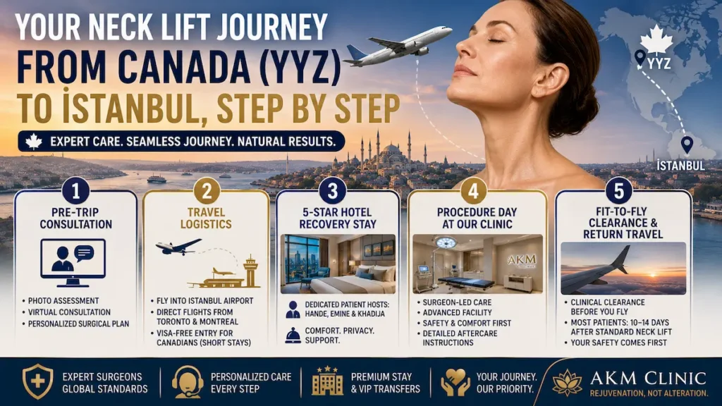 Neck lift journey from Canada to Istanbul infographic showing consultation, travel logistics, hotel recovery, clinic procedure day and fit-to-fly clearance.