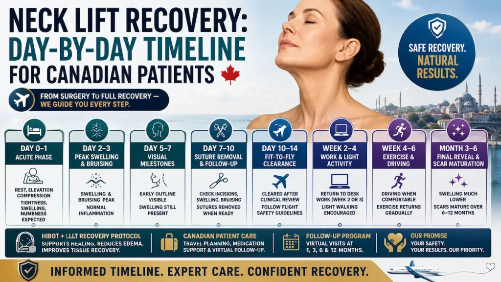 Neck lift recovery timeline infographic for Canadian patients showing swelling, suture removal, fit-to-fly clearance and aftercare.
