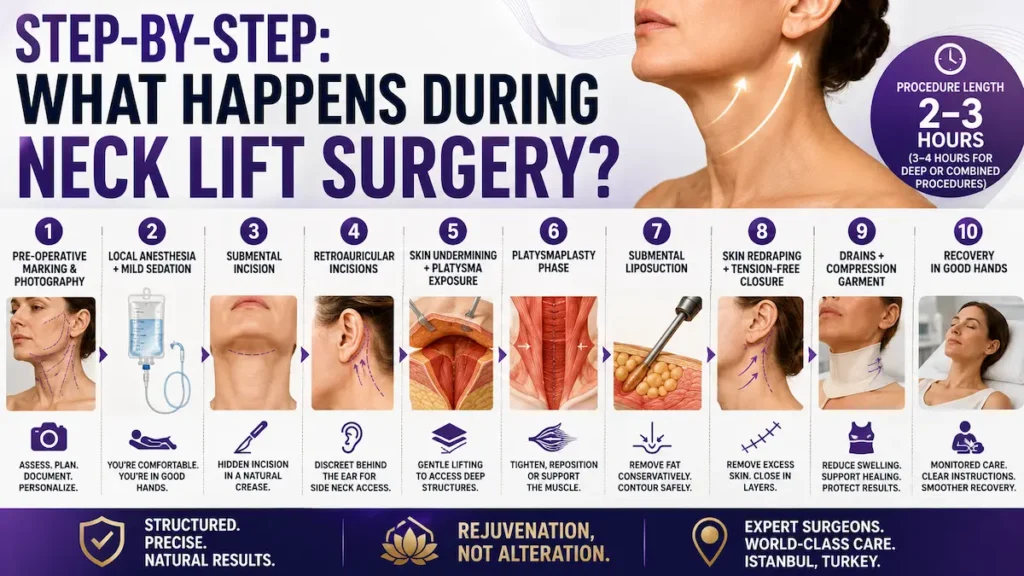 Neck lift surgery step by step infographic showing marking, anesthesia, incisions, platysmaplasty and recovery.
