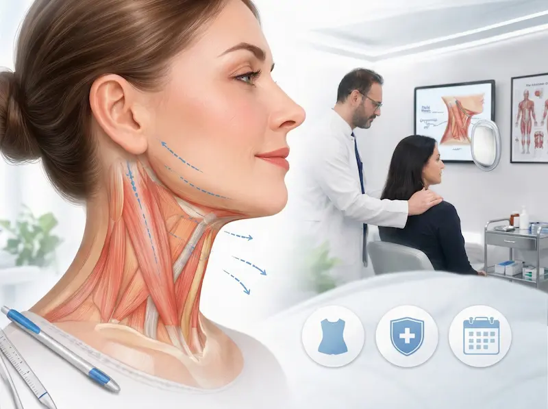 Neck Lift surgery illustration showing neck anatomy layers, lifting vectors and surgeon consultation for personalised treatment planning