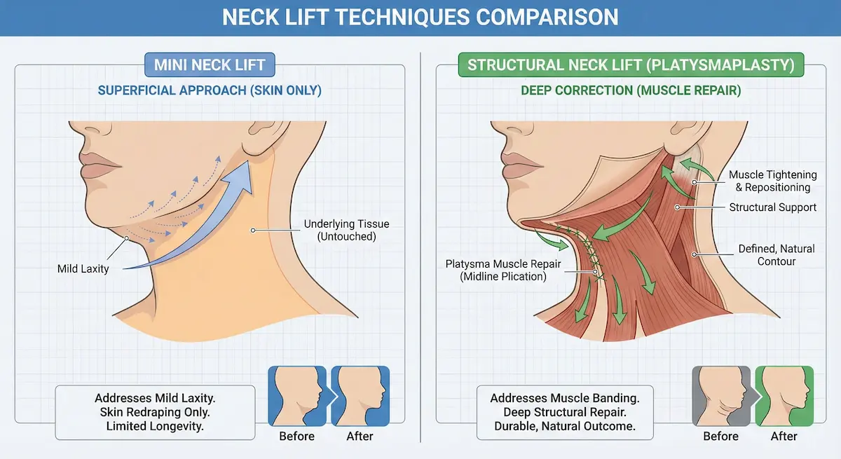Comparison graphic of mini neck lift versus structural neck lift with platysmaplasty muscle repair and arrows showing repositioning.