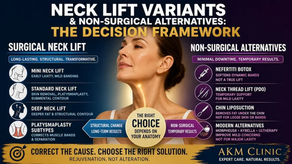 Neck lift variants infographic comparing surgical neck lift, platysmaplasty, Botox, PDO threads and chin liposuction.
