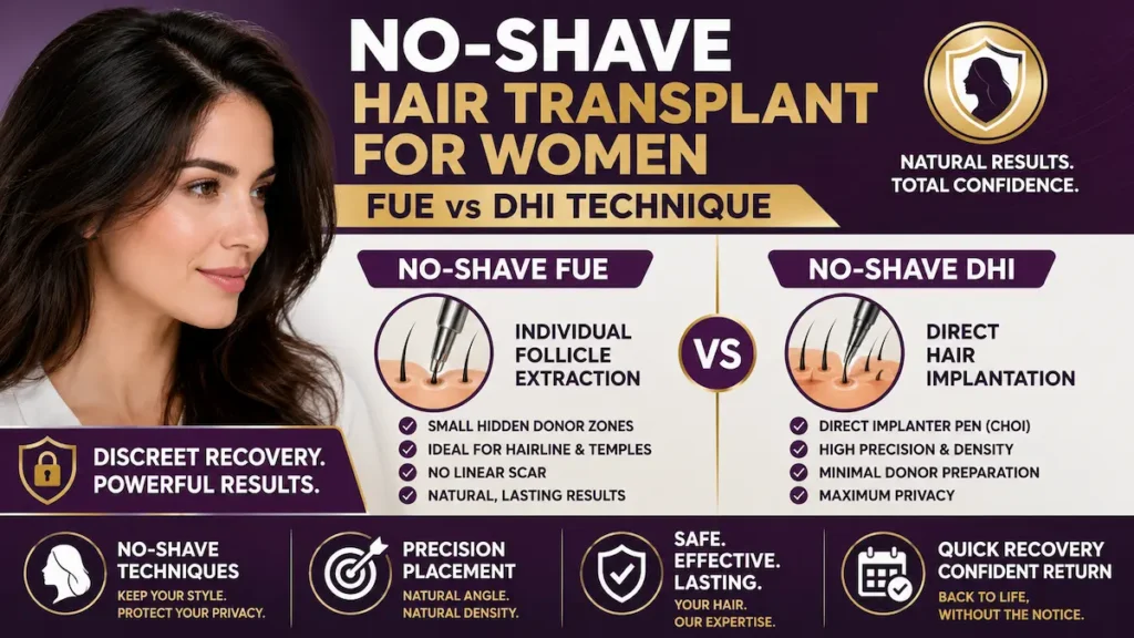 No-shave hair transplant for women infographic comparing FUE and DHI techniques for discreet recovery.
