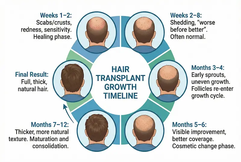 Hair transplant growth timeline infographic showing healing, shedding, early sprouts, visible improvement, and final result stages.