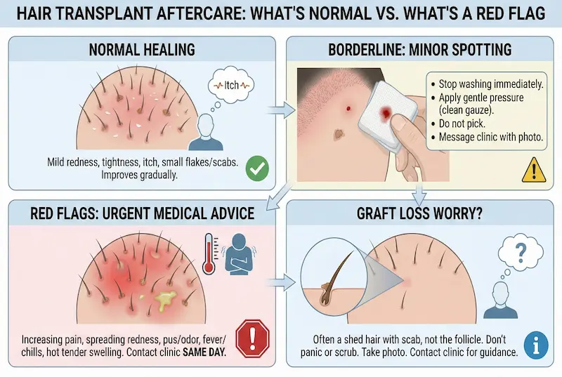 Hair transplant aftercare infographic explaining what’s normal vs. what’s a red flag: normal healing, minor spotting steps, urgent red flags, and graft-loss worry guidance.
