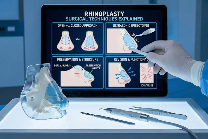 Nose job surgical techniques explained on a medical display: open vs closed, ultrasonic (piezotome), revision & functional.
