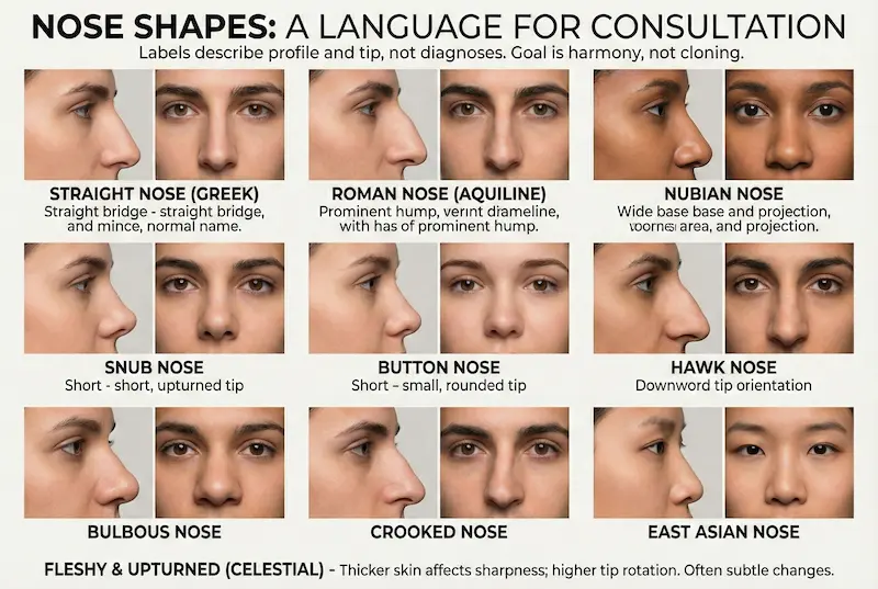 Rhinoplasty nose shapes chart showing common profiles and tip types for consultation (straight, Roman, Nubian, snub).