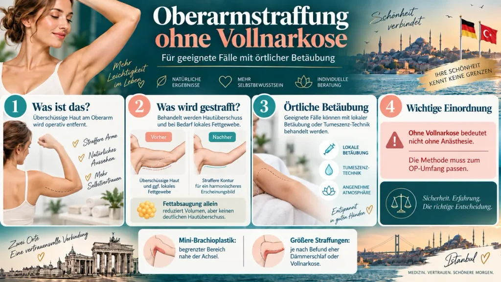 Oberarmstraffung ohne Vollnarkose: Infografik zu Hautstraffung, örtlicher Betäubung, Tumeszenz-Technik und Eignung.
