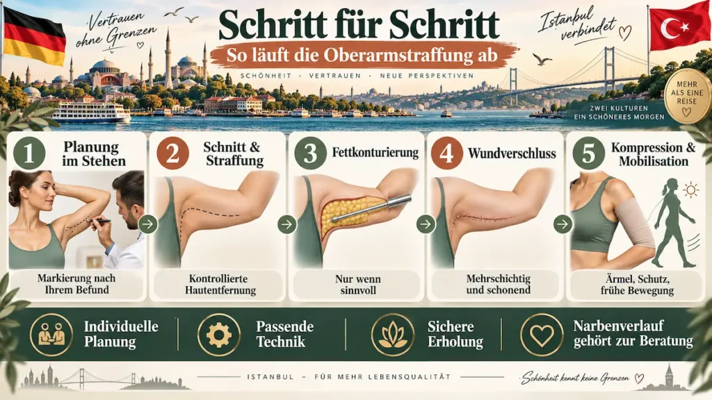 Oberarmstraffung in der Türkei: Infografik zum Ablauf mit Planung, Hautstraffung, Fettkonturierung, Wundverschluss und Kompression.