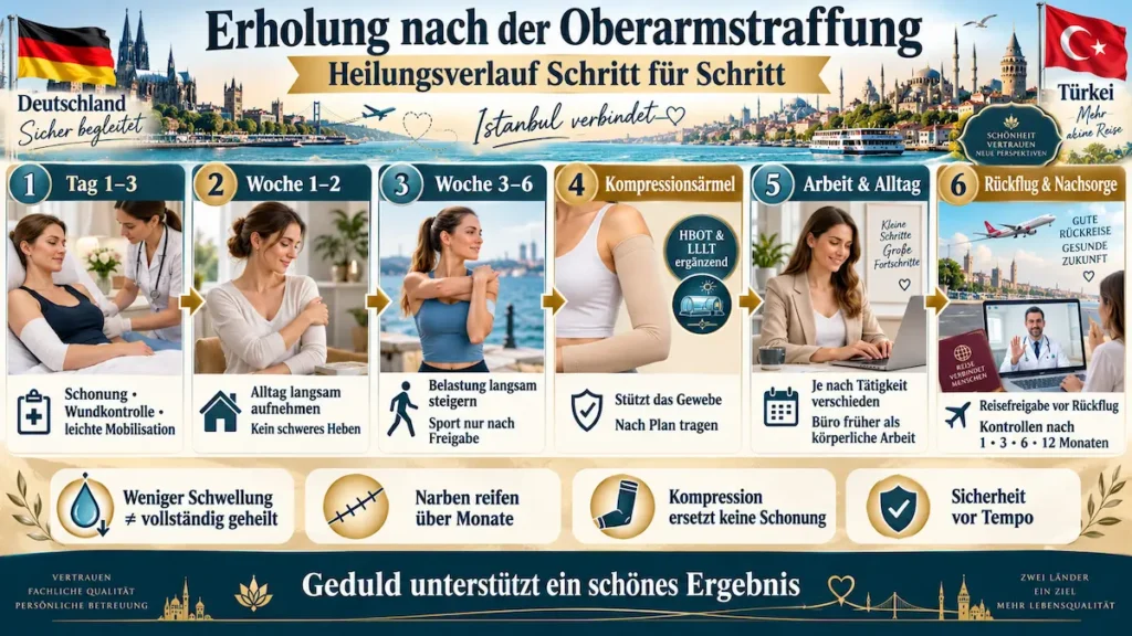 Oberarmstraffung in der Türkei: Infografik zum Heilungsverlauf mit Schonung, Kompressionsärmel, Rückkehr in den Alltag und Nachsorge.