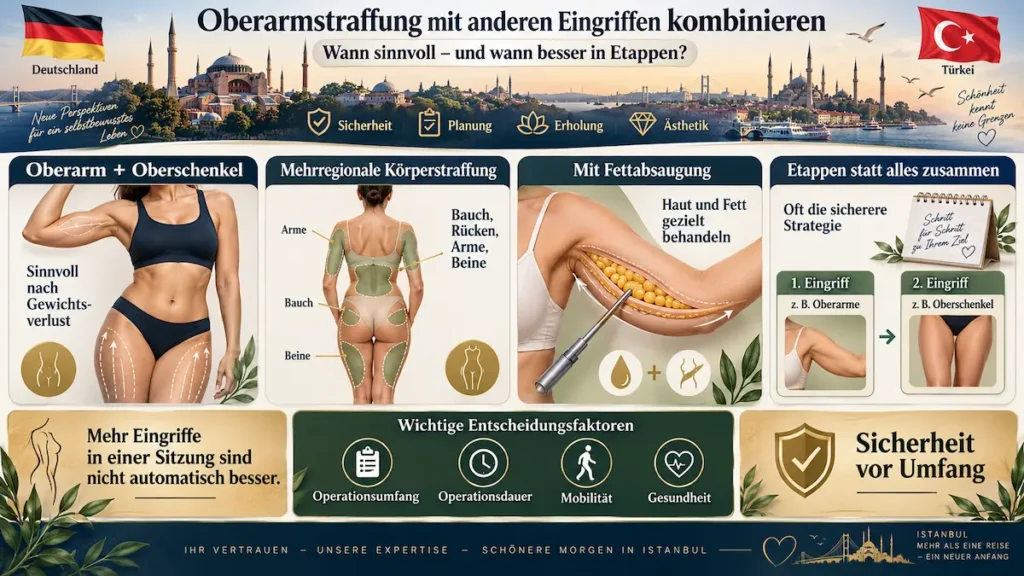 Oberarmstraffung in der Türkei: Infografik zu kombinierten Eingriffen, Fettabsaugung und Etappenplanung nach Gewichtsverlust.