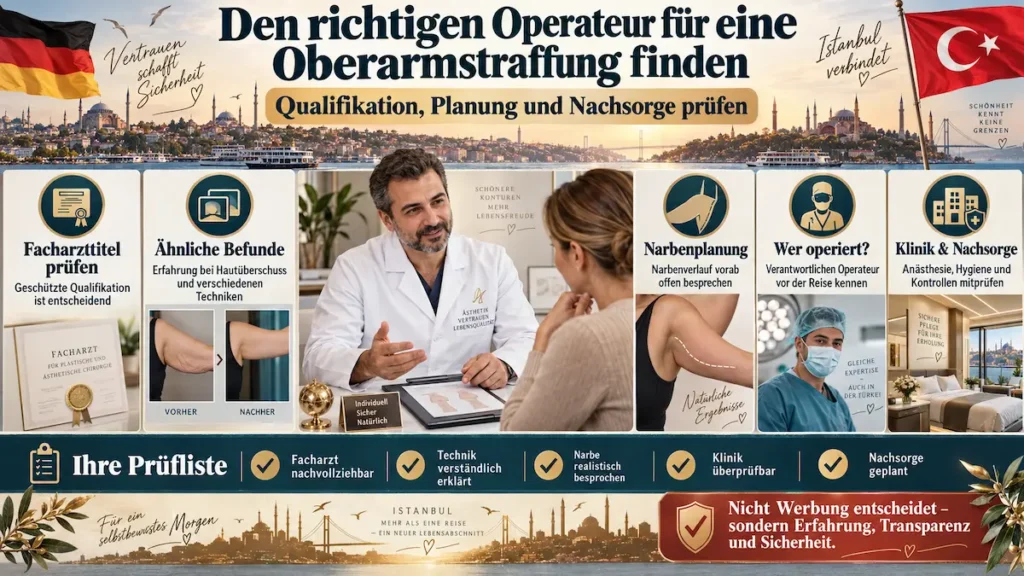 Oberarmstraffung in der Türkei: Infografik zur Operateurwahl mit Facharzttitel, Erfahrung, Narbenplanung, Klinikstandards und Nachsorge.