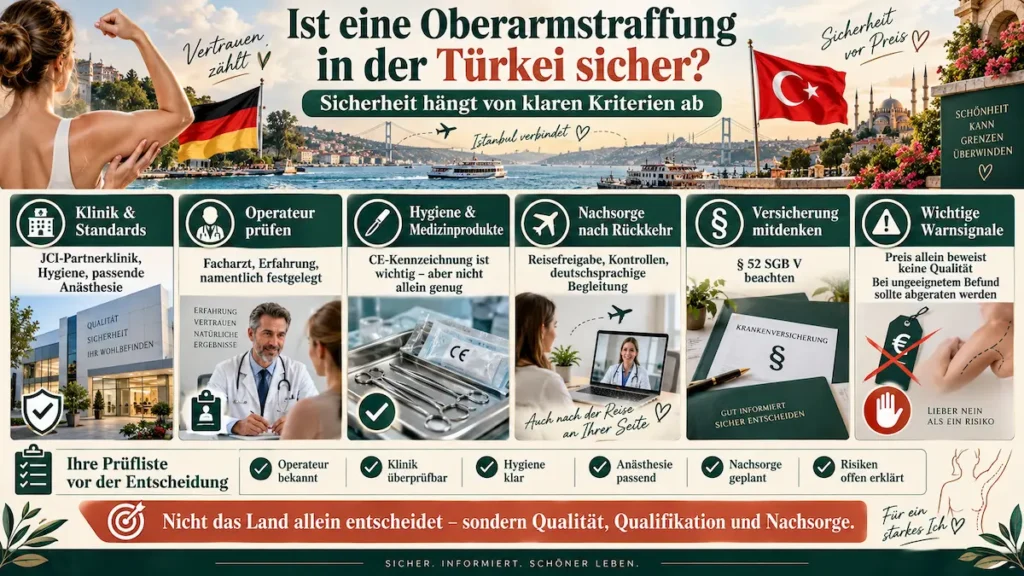 Oberarmstraffung in der Türkei: Infografik zu Klinikstandards, Operateurwahl, Hygiene, Nachsorge, Versicherung und Warnsignalen.