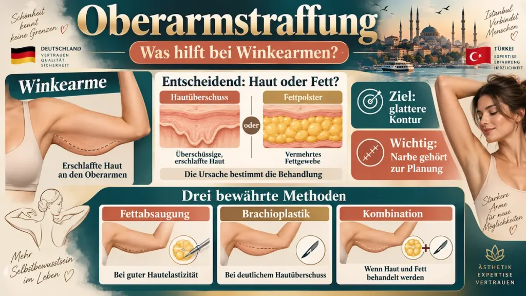 Oberarmstraffung in der Türkei: Infografik zu Hautüberschuss, Fettpolstern und Behandlungsmöglichkeiten bei Winkearmen.