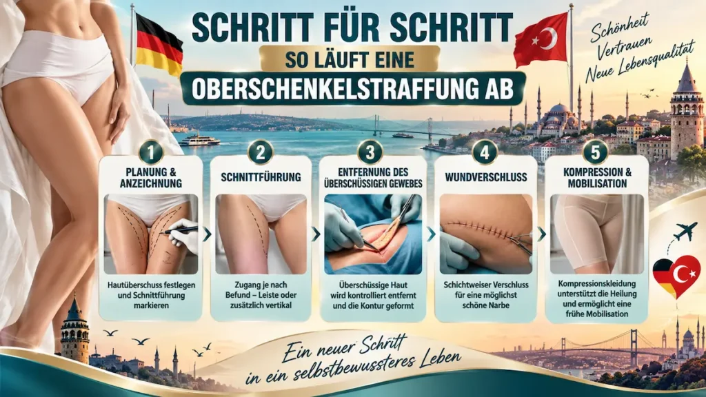 Oberschenkelstraffung Türkei: Ablauf von Planung und Schnittführung bis Wundverschluss, Kompression und Mobilisation