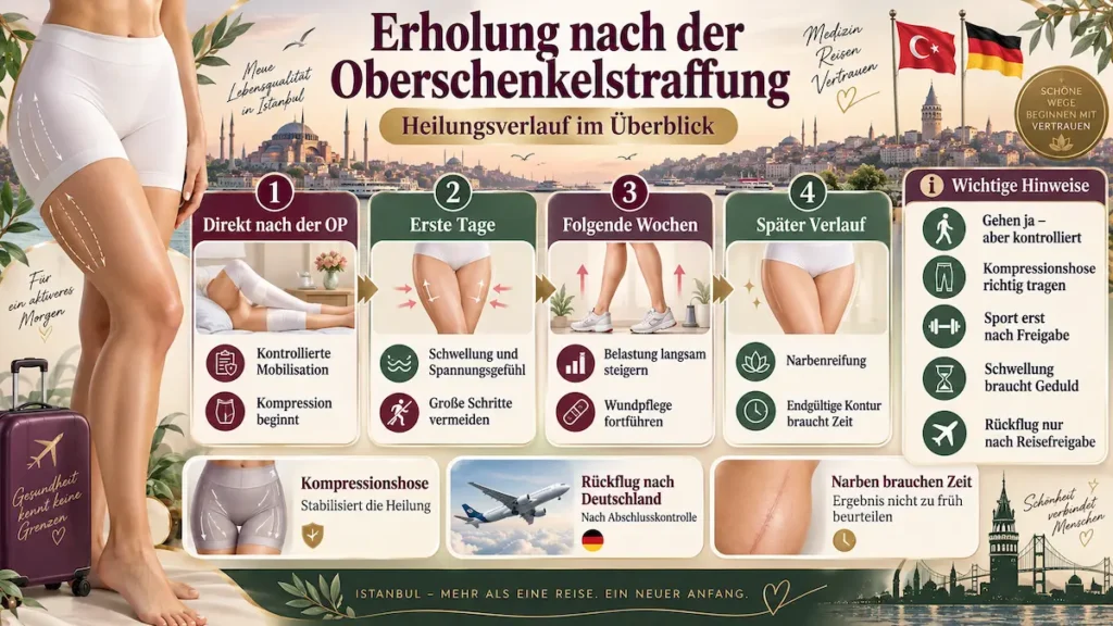 Oberschenkelstraffung Türkei: Heilungsverlauf mit Mobilisation, Kompression, Schwellung, Narbenreifung und Rückflug nach Deutschland