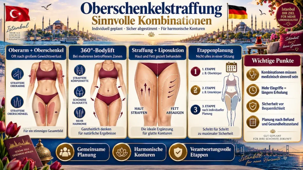 Oberschenkelstraffung Türkei: Kombinationen mit Oberarmstraffung, 360°-Bodylift, Liposuktion und Etappenplanung im Überblick