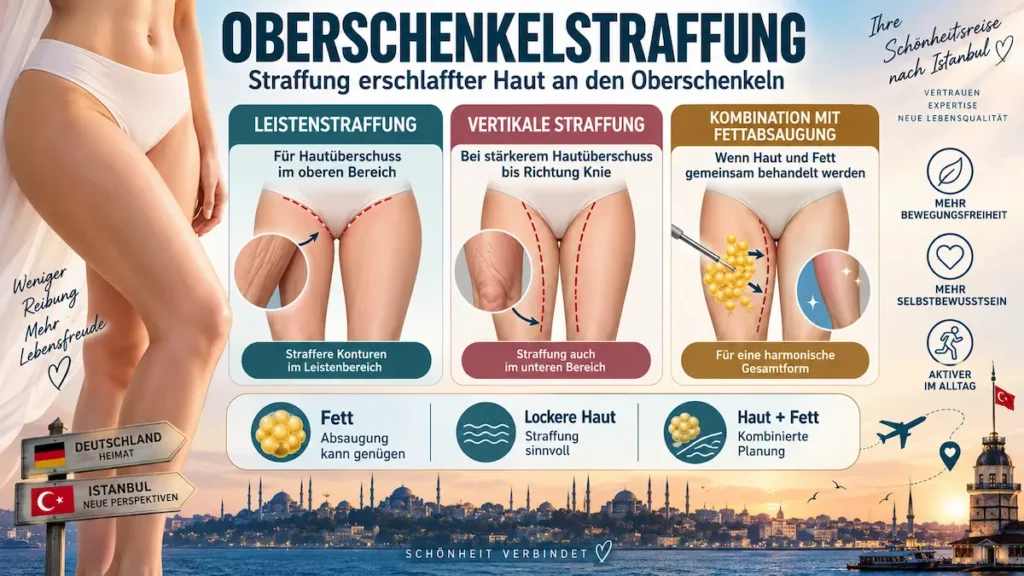Oberschenkelstraffung Türkei: Infografik zu Leistenstraffung, vertikaler Straffung und Fettabsaugung bei Hautüberschuss
