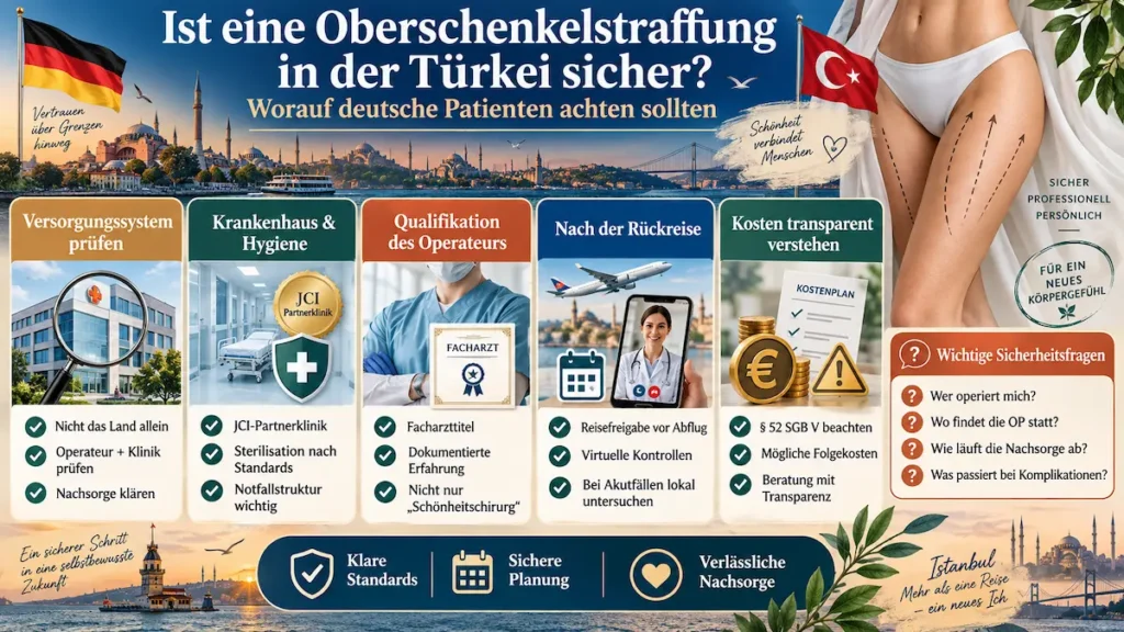 Oberschenkelstraffung Türkei: Sicherheitskriterien zu Klinik, Operateur, Hygiene, Nachsorge und § 52 SGB V für deutsche Patienten