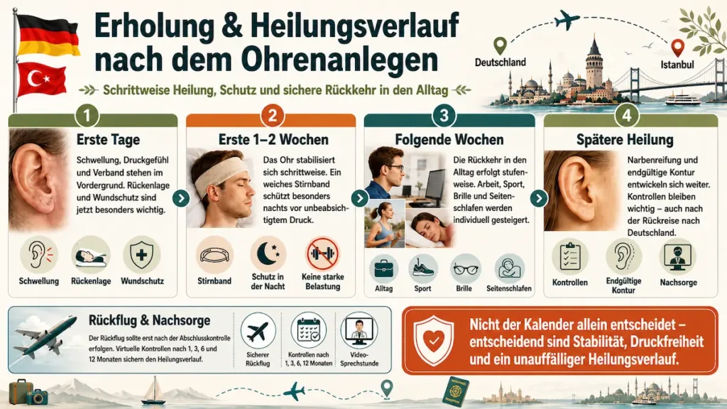 Ohrenkorrektur: Heilungsverlauf nach dem Ohrenanlegen mit Stirnband, Rückkehr in den Alltag, Rückflug und Nachsorge.