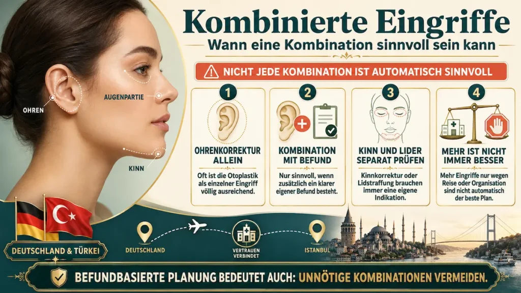 Ohrenkorrektur und kombinierte Eingriffe: Infografik zu Otoplastik, Kinn- und Lidkorrektur nach individuellem Befund.