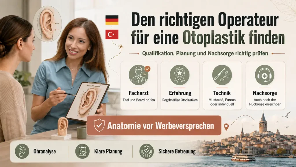 Ohrenkorrektur: Infografik zur Wahl des Operateurs für Otoplastik mit Facharzt, Erfahrung, Technik und Nachsorge.