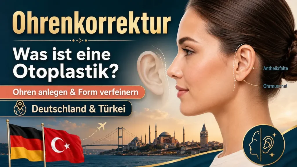 Ohrenkorrektur erklärt: Otoplastik zum Ohren anlegen mit Darstellung von Anthelixfalte und Ohrmuschel.