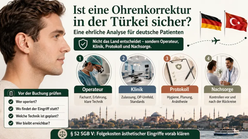 Ohrenkorrektur in der Türkei: Infografik zu Operateur, Klinik, Sicherheitsprotokoll, Nachsorge und Prüfung vor der Buchung.